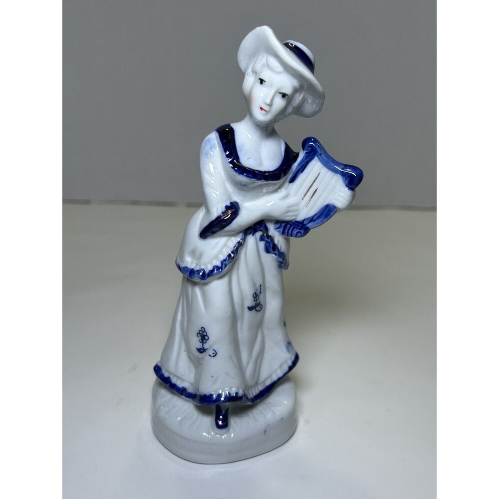 Vintage Victorian/Colonial Porcelain Women Playing Instrument White/Blue Decor